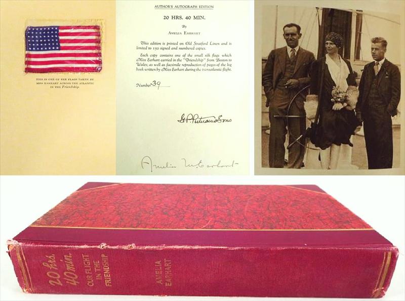 1928 Signed Amelia Earhart Book, 20 HRS. 40 MIN. Hand-Signed 1st Ed. With ‘Friendship’ Flag . SOLD FOR $2,304