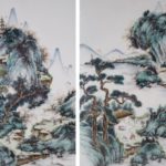 Pair Of Chinese Porcelain Painted Plaques With Mountains, Water, And Figures, 20th C. Sold For $6,562. April 2015