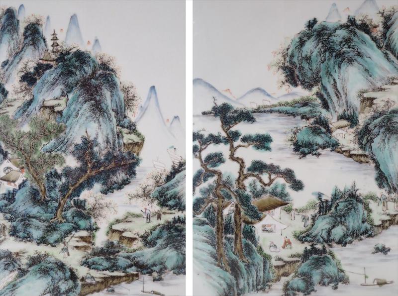 Pair Of Chinese Porcelain Painted Plaques With Mountains, Water, And Figures, 20th C. Sold For $6,562. April 2015