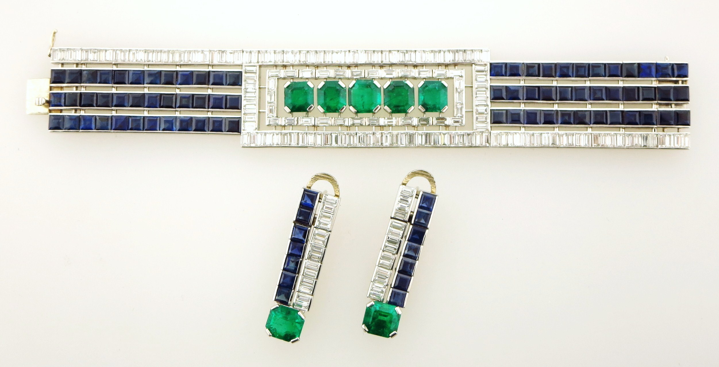 Art Deco Diamond, Sapphire & Emerald Bracelet And Earrings. Sold For A Combined Price Of $30,312