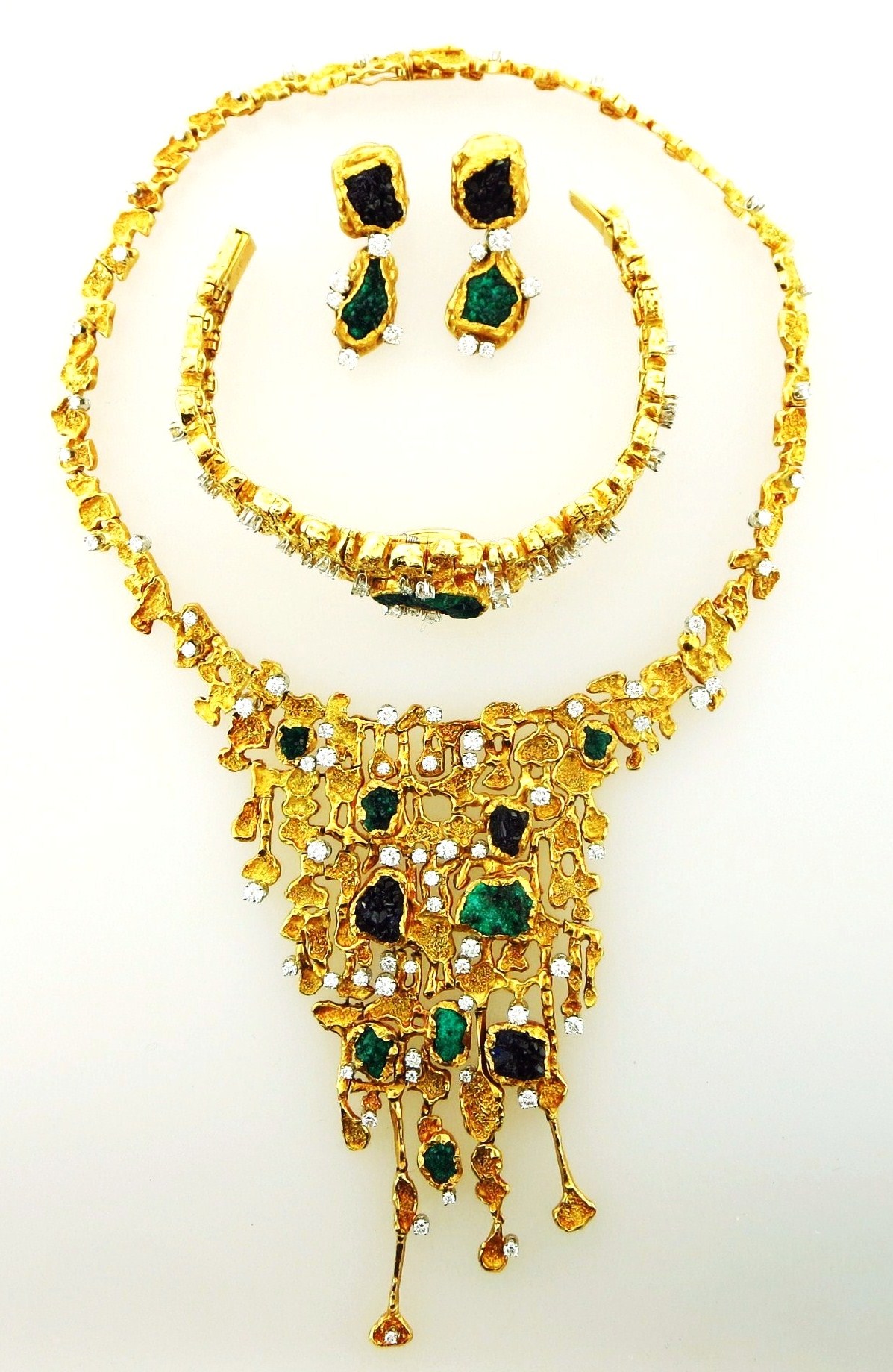 Patek Philippe Yellow Gold, Chrysicola And Asurite Necklace, Earrings And Watch Bracelet. Sold For A Combined Price Of $38,187