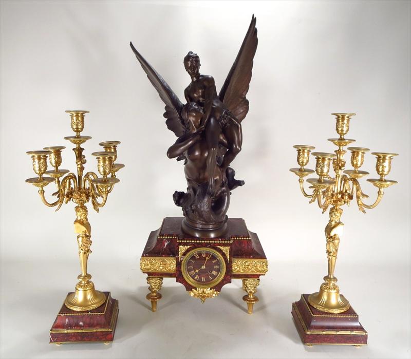 F. Barbedienne Bronze, Ormolu And Marble Garniture Set, French, 19th C., With La Sirene, After Reny Puech. Sold For $5,500
