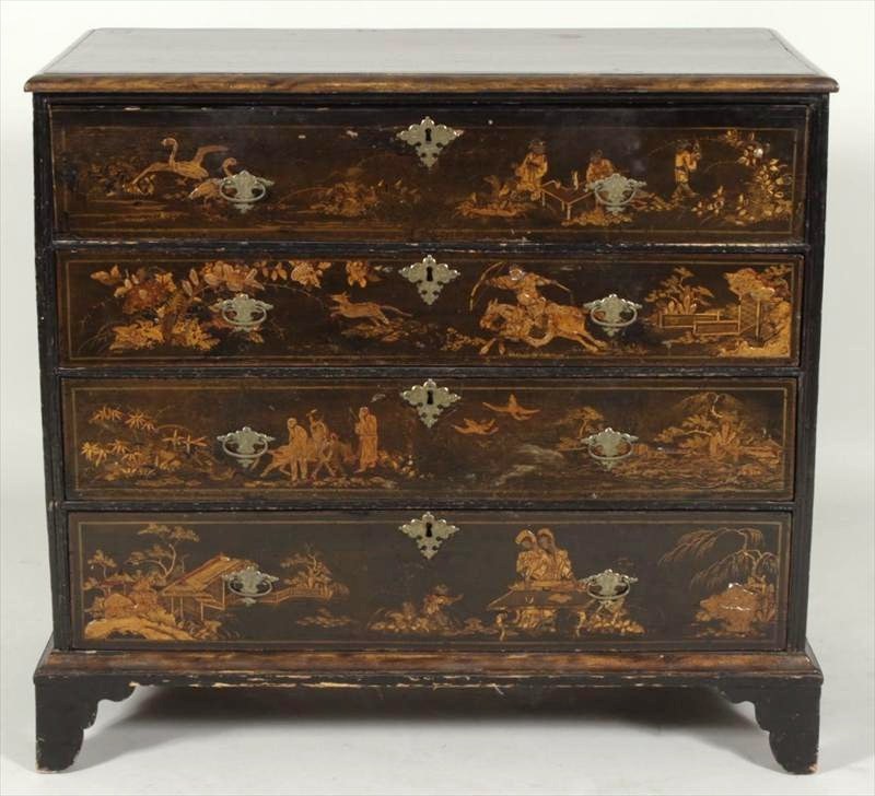 George I Black Lacquered Chinoiserie Decorated Chest Of Drawers-Secretary. First Quarter Of The 18th C. Sold For $7,250