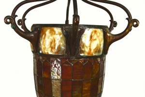 A Rare Tiffany Studios Turtleback Tile, Leaded Glass & Bronze Acorn Form Hanging Lantern