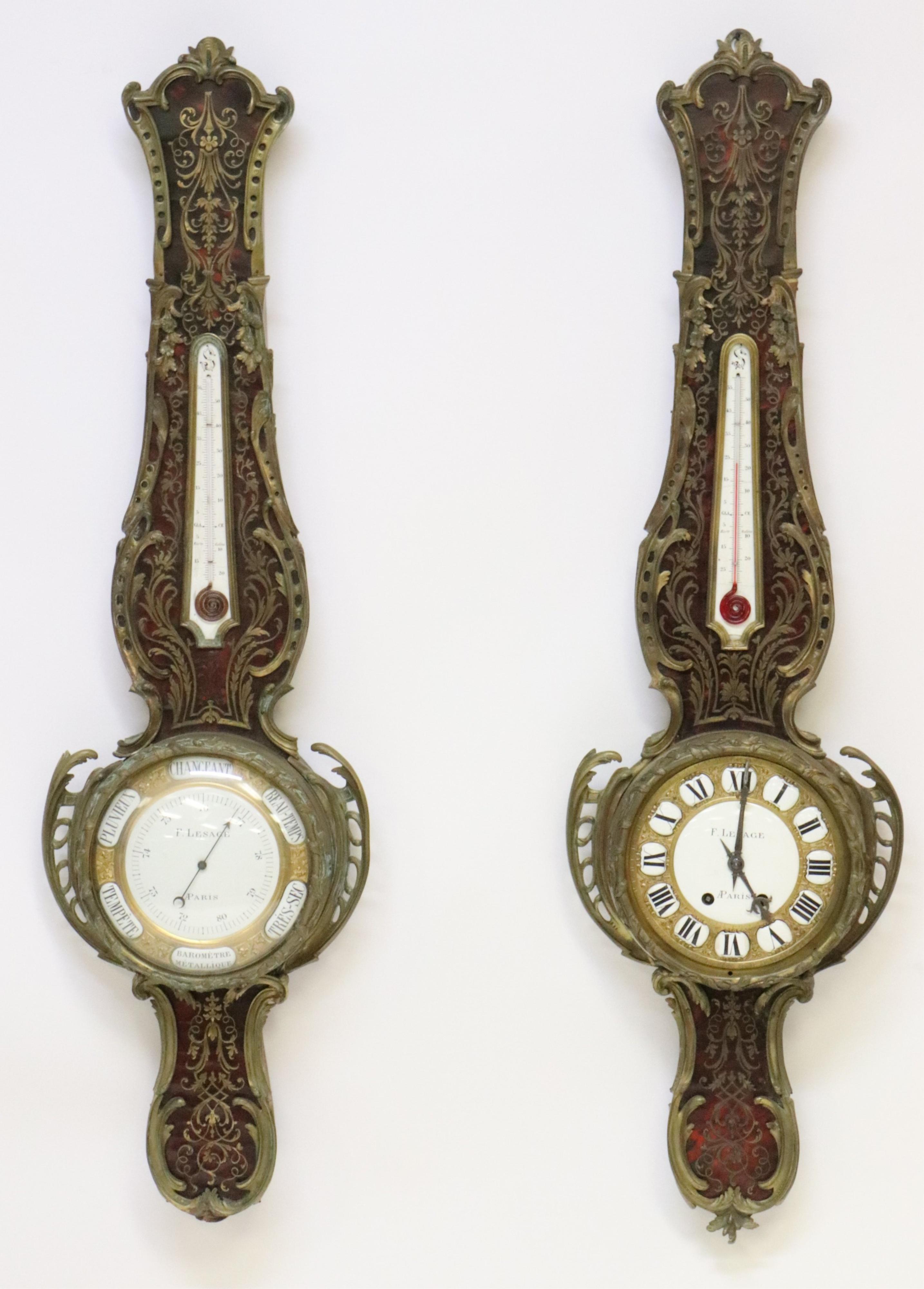 Boulle Marquetry Wall Clock And Barometer By F. Lesage, Paris, Mid-Late 19th C. Sold For $3,250