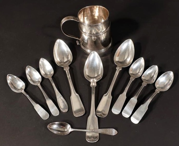 Coin Silver Tankard, Dated 1740, Together With Spoons. Sold For $2,125