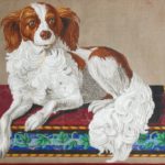 German Berlinwork Hand Painted Pattern For Needlework, 19th C., Spaniel On Victorian Pillow. Sold For $1,500.