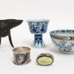 Group With Chinese Jue, Bowl, Goblet & Siamese Silver. Sold For $9,062