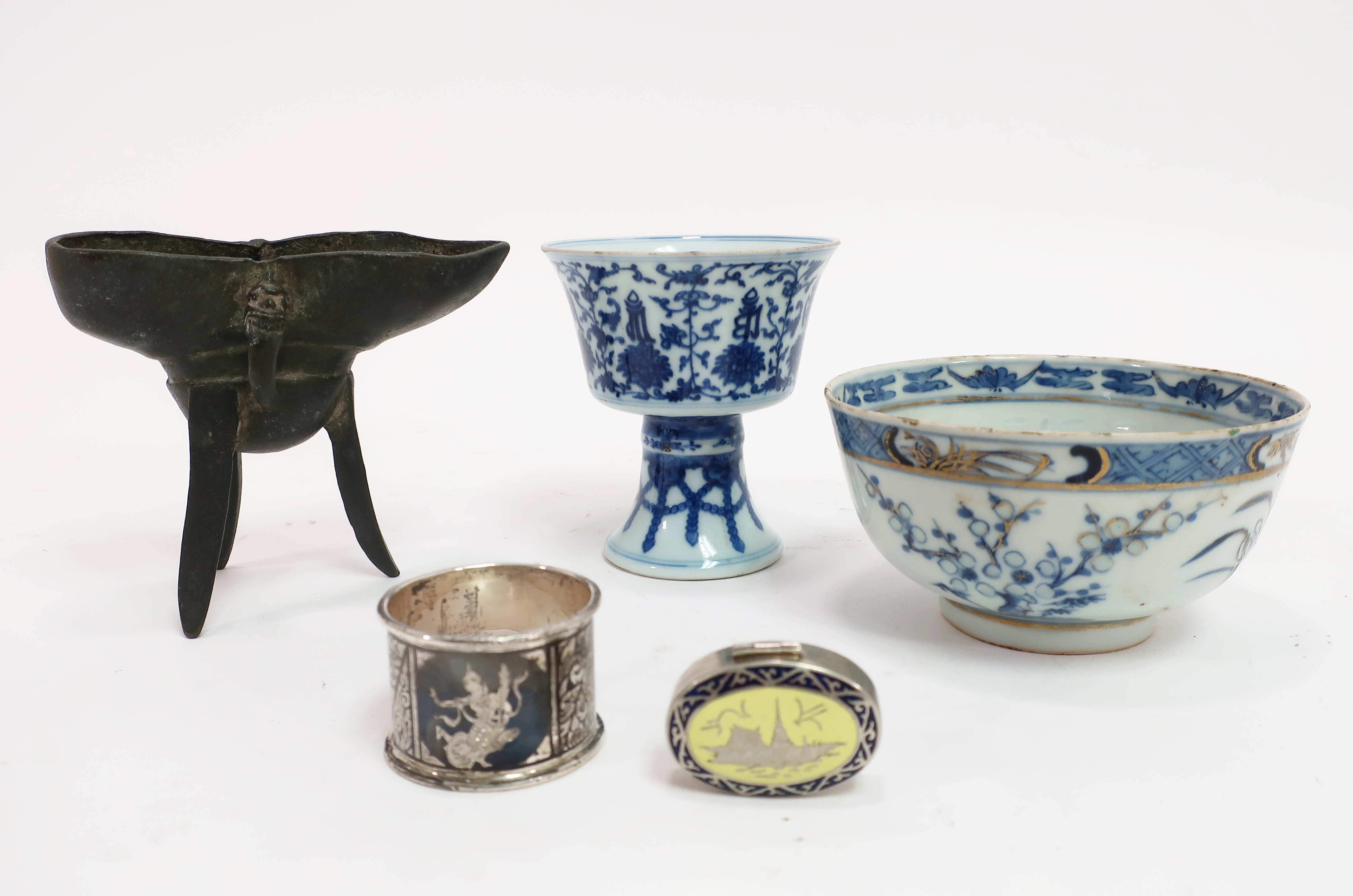 Group With Chinese Jue, Bowl, Goblet & Siamese Silver. Sold For $9,062