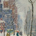 Guy Carleton Wiggins, American, 1883-1962, NYC Winter Street Scene, Oil On Canvasboard. Sold For $18,000.