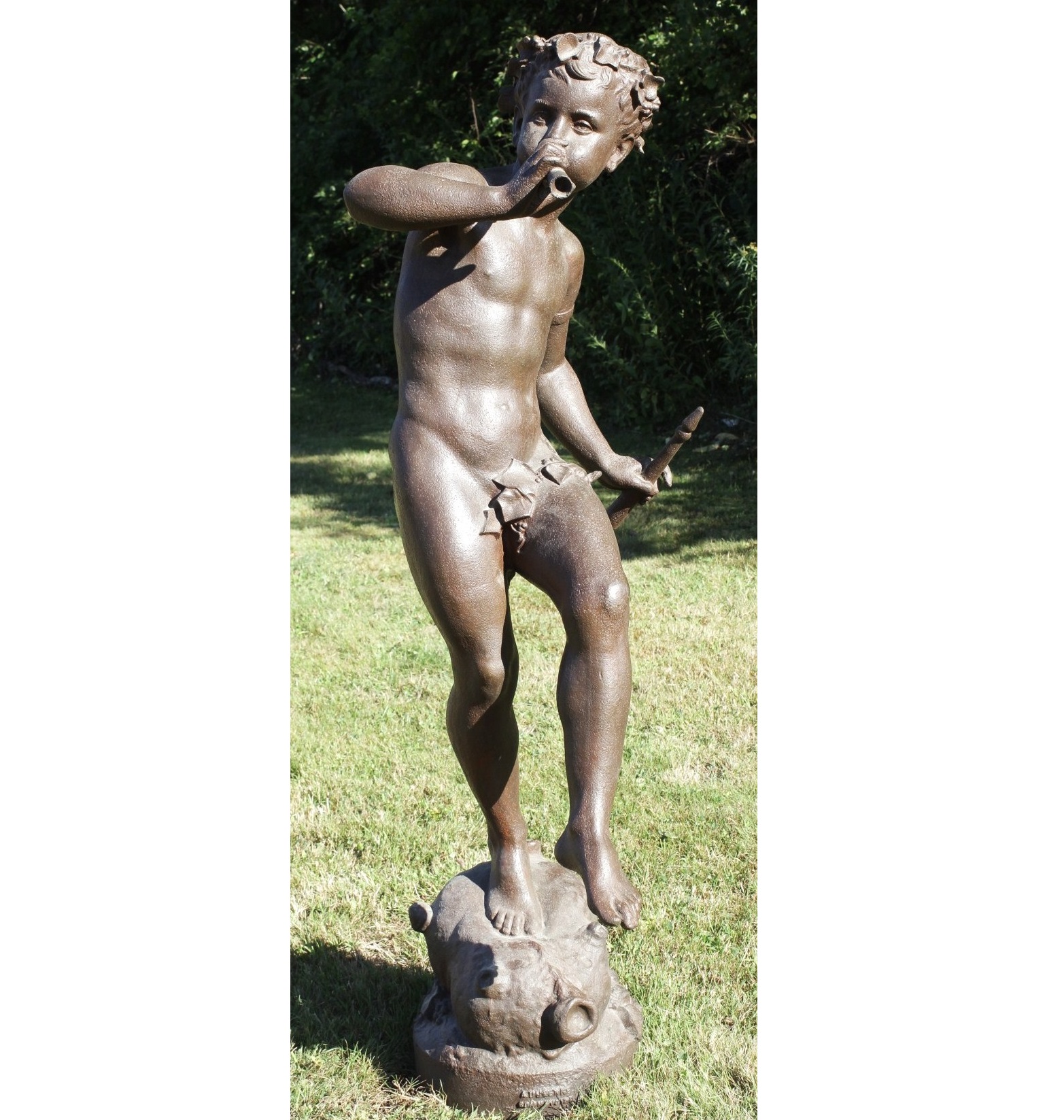 Large Bronze Bacchante On Wineskin Playing Flute. Sold For $6,093