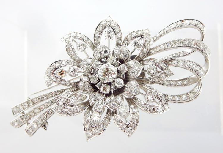 Platinum & Diamond Floral Spray Brooch Fur Clip, Sold For $3,750