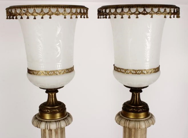 Pr. Tall Alabaster & Gilt Bronze Torchieres, Sold For $2,750