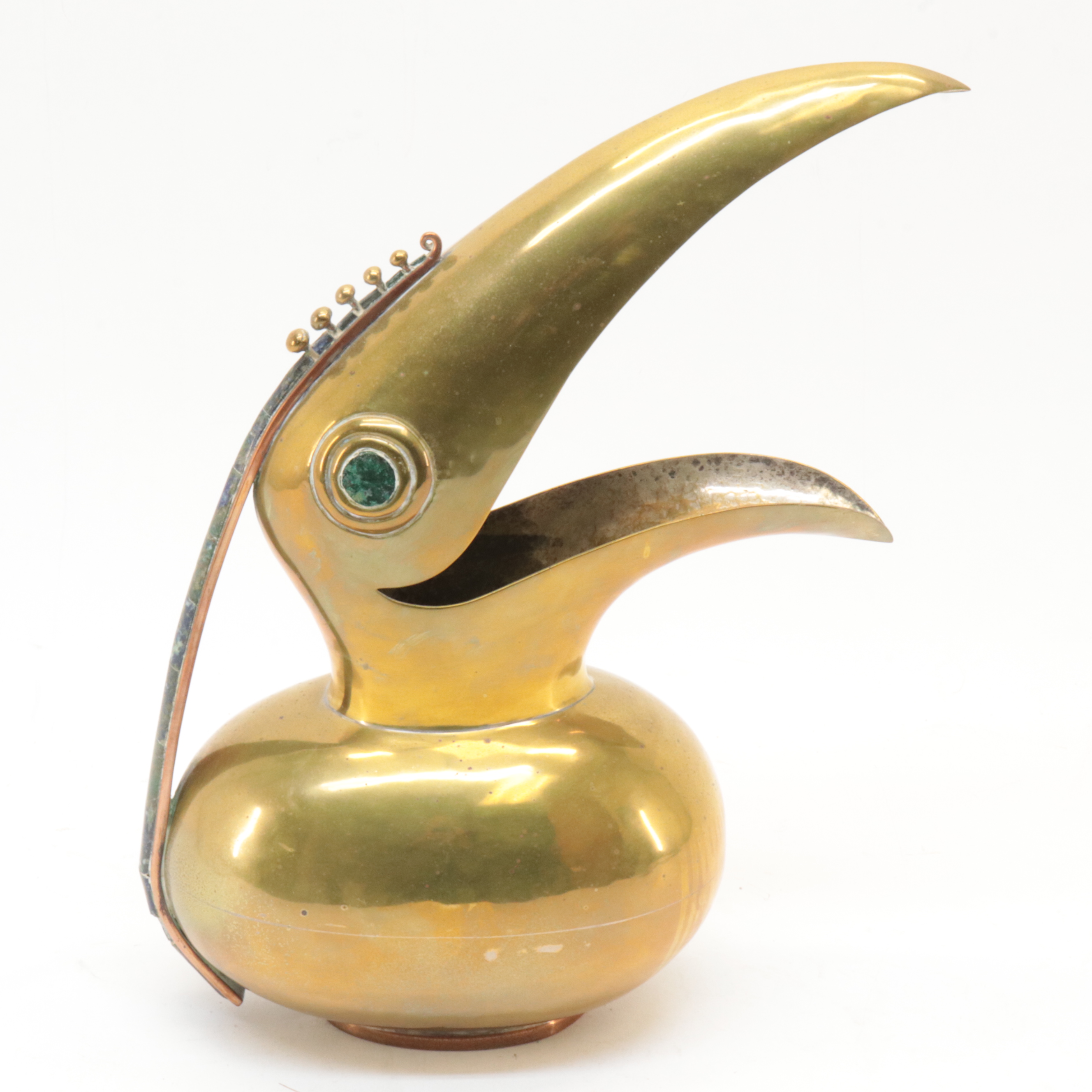 Los Castillo Taxco Mixed Metals With Brass Toucan Form Pitcher With Malachite Inlay.500.800